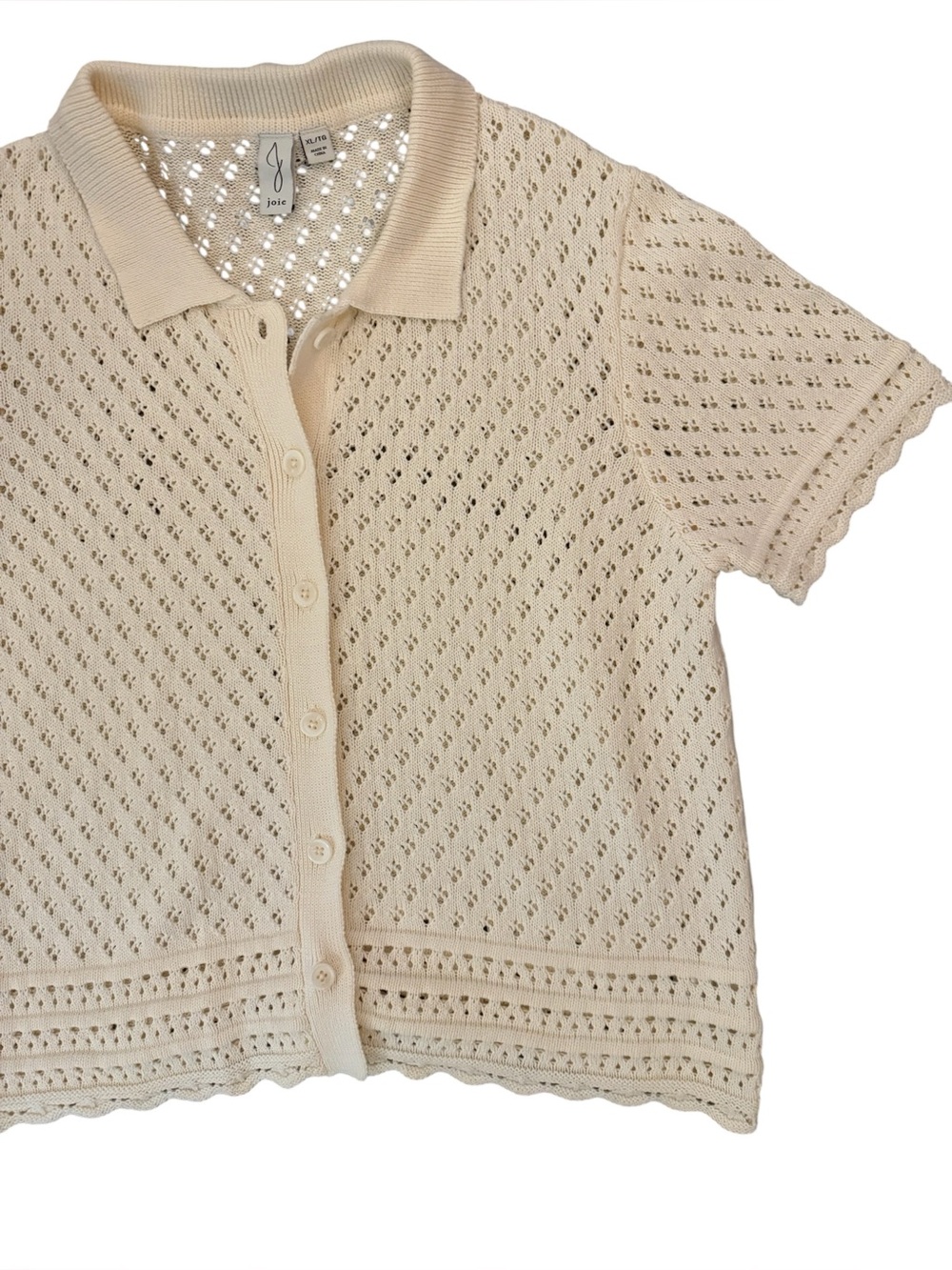 🤎Joie Women’s Cream Neutral Pointelle Knit Collared Short Sleeve Summer Top | XL